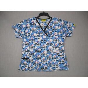 WonderWink Panda Graphic Print Short Sleeve Trendy VNeck Scrub Top Women Size M